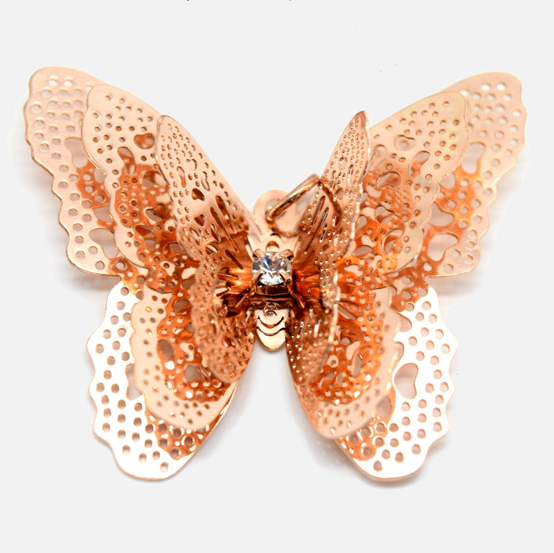 STAR BEADS: 4 x Filigree Butterfly Rhinestone Pendants 40x35mm - Rose Gold Plated - Jewellery Findings