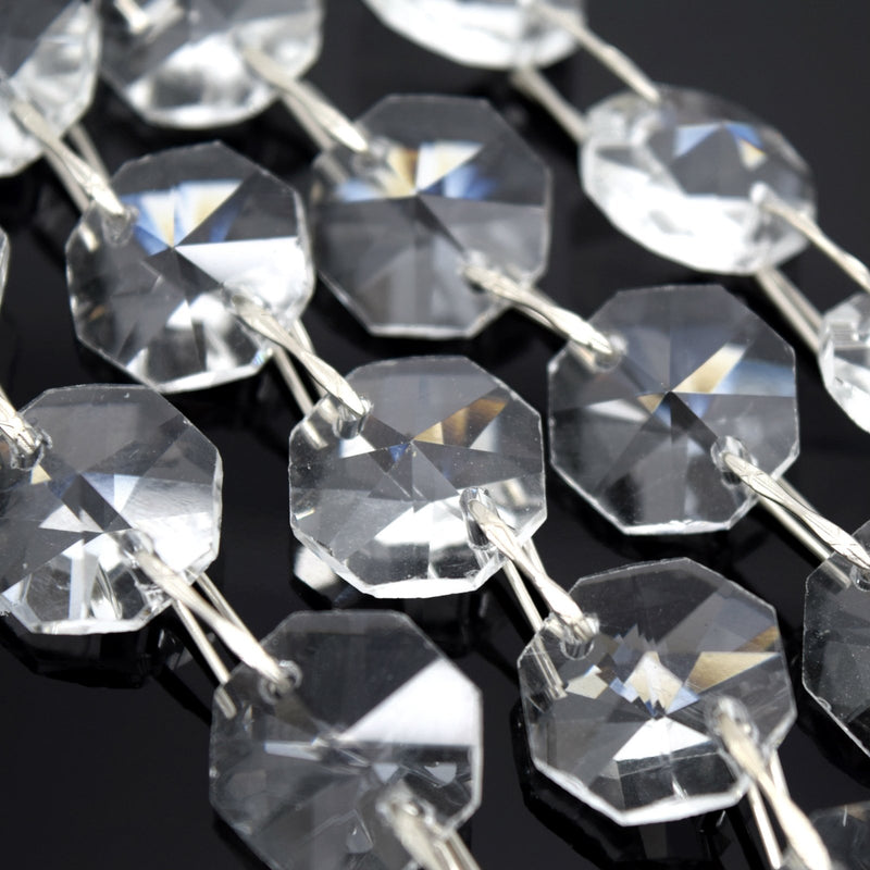STAR BEADS: 1 Metre Octagon Glass Bead Chain 14mm Clear - Silver Straight - Octagon Glass Beads