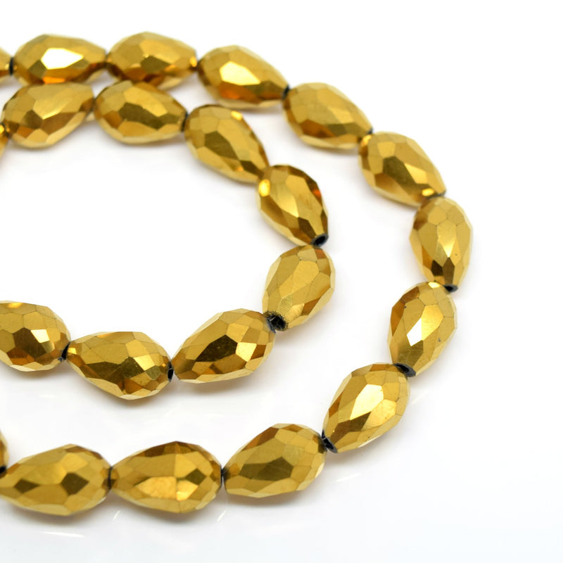 STAR BEADS: METALLIC GOLD FACETED TEARDROP GLASS BEADS - PICK SIZE - Teardrop Beads