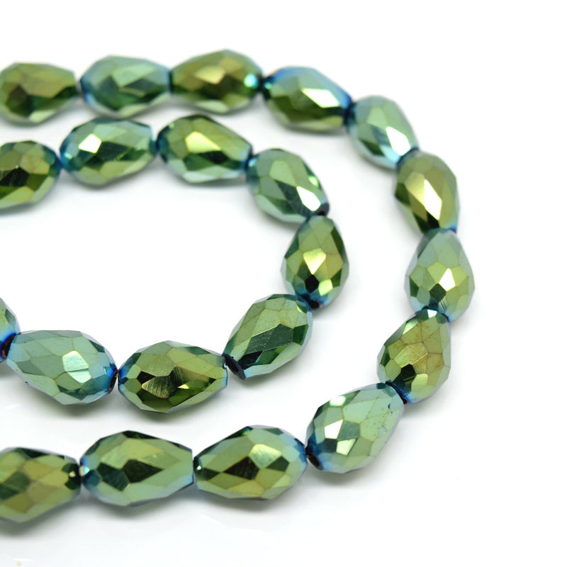 STAR BEADS: METALLIC GOLD / GREEN FACETED TEARDROP GLASS BEADS - PICK SIZE - Teardrop Beads