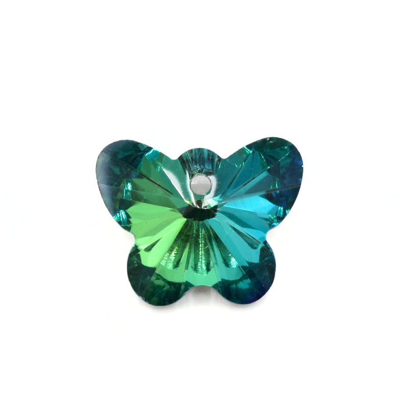 10 x Faceted Glass Butterfly Pendants Silver Plated 14mm - Green / Blue