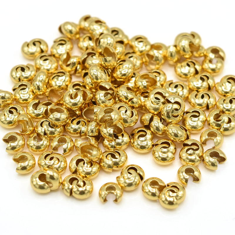 50 x Brass Crimp Cover Beads 4x3.5mm - 18k Gold Plated