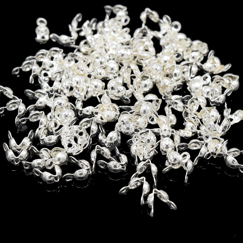 50 x Brass Crimp Cover Tip Clamshell Beads 3x6mm - Silver Plated