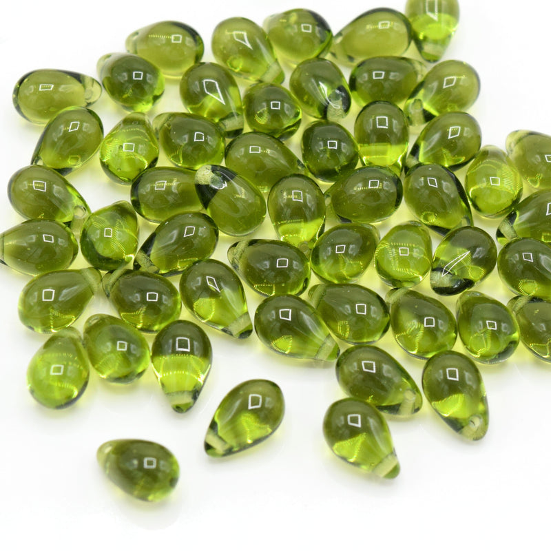 Czech Pressed Glass Drop Beads 6x9mm, 7x5mm - Olivine