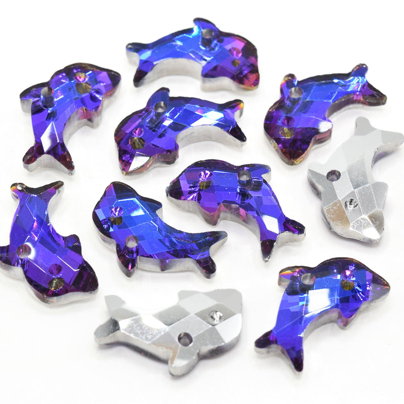 5 x Faceted Glass Dolphin Pendants 21x12mm - Blue / Purple