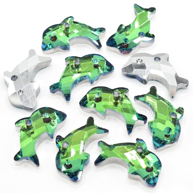 5 x Faceted Glass Dolphin Pendants 21x12mm - Green / Blue