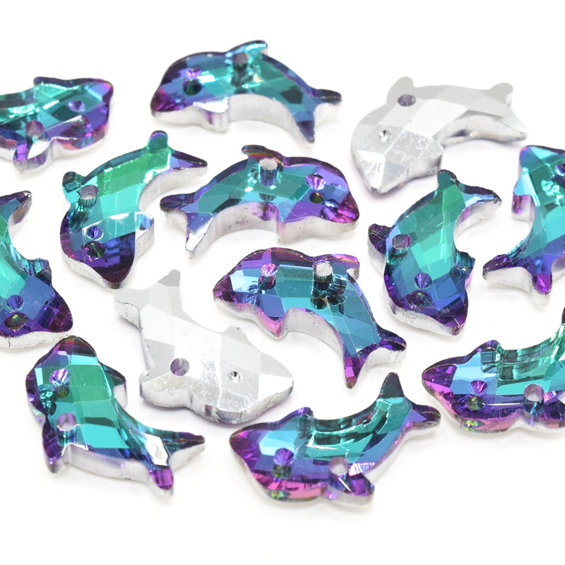 5 x Faceted Glass Dolphin Pendants 21x12mm - Green / Purple