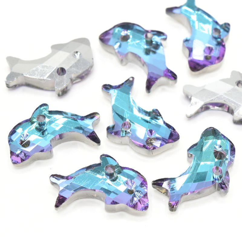 5 x Faceted Glass Dolphin Pendants 21x12mm - Lilac / Blue