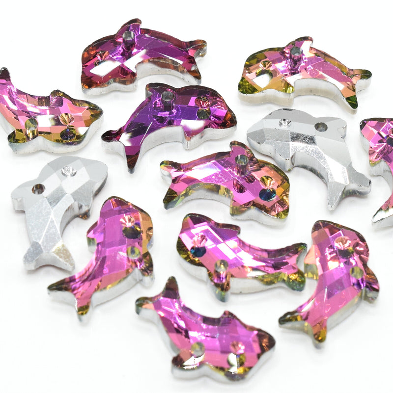 5 x Faceted Glass Dolphin Pendants 21x12mm - Pink / Green