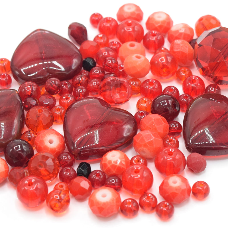 80g x Mixed Shape and Size Glass Beads - Red