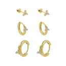 3 Pairs Flower Zirconia Hoop & Stud Earrings Set Sterling Silver 18k Gold Plated / Platinum Plated