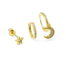 3 Pairs Moon and Star Zirconia Hoop & Stud Earrings Set Sterling Silver 18k Gold Plated / Platinum Plated