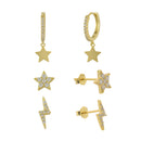 3 Pairs Minimalist Zirconia Star & Lightning Hoop & Stud Earrings Set Sterling Silver 18k Gold Plated / Platinum Plated