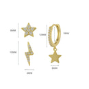3 Pairs Minimalist Zirconia Star & Lightning Hoop & Stud Earrings Set Sterling Silver 18k Gold Plated / Platinum Plated