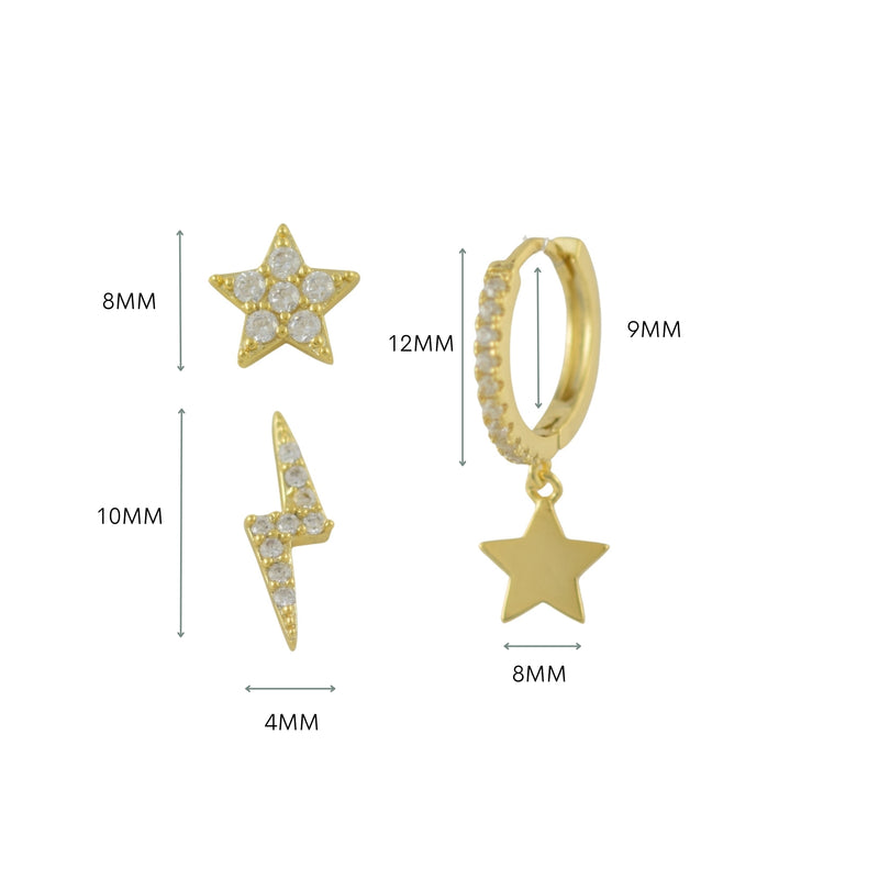 3 Pairs Minimalist Zirconia Star & Lightning Hoop & Stud Earrings Set Sterling Silver 18k Gold Plated / Platinum Plated