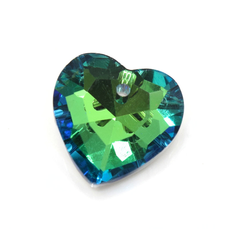 10 x Faceted Table Cut Glass Heart Pendants Silver Plated 14mm - Green / Blue