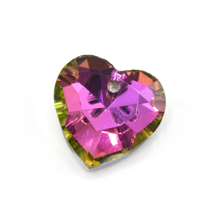 10 x Faceted Table Cut Glass Heart Pendants Silver Plated 14mm - Pink / Green