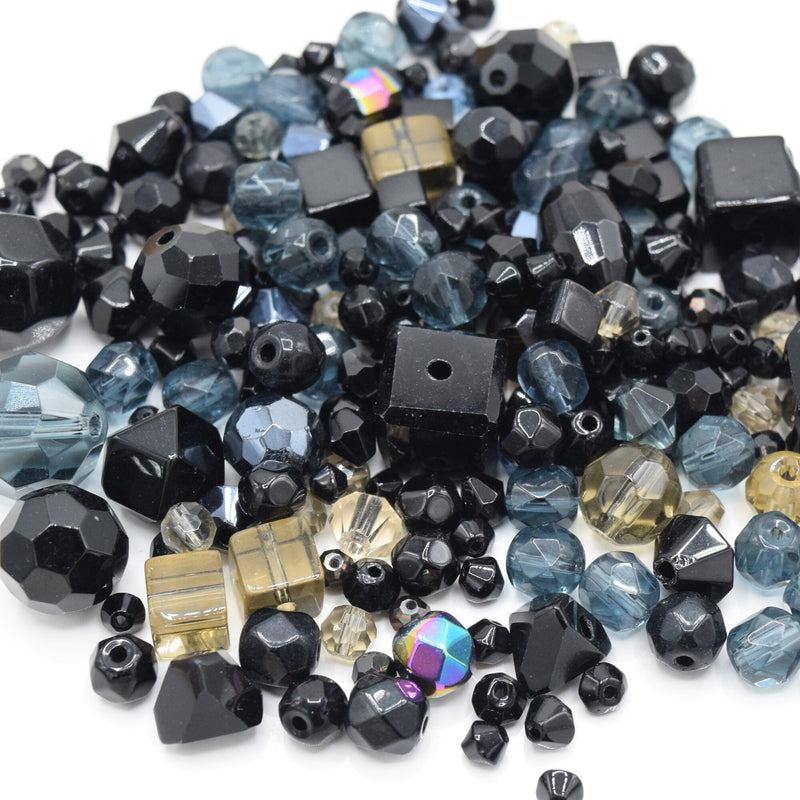 80g x Mixed Shape and Size Glass Beads - Black