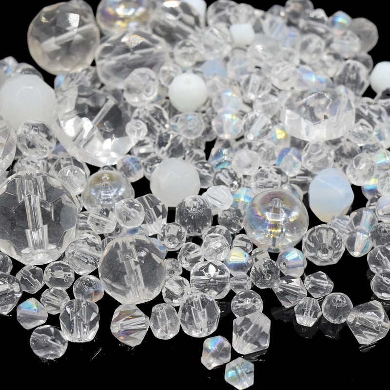 80g x Mixed Shape and Size Glass Beads - Clear