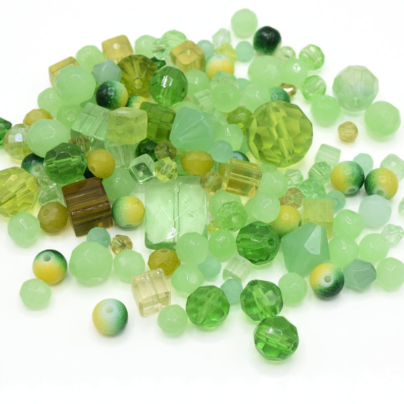 80g x Mixed Shape and Size Glass Beads - Green