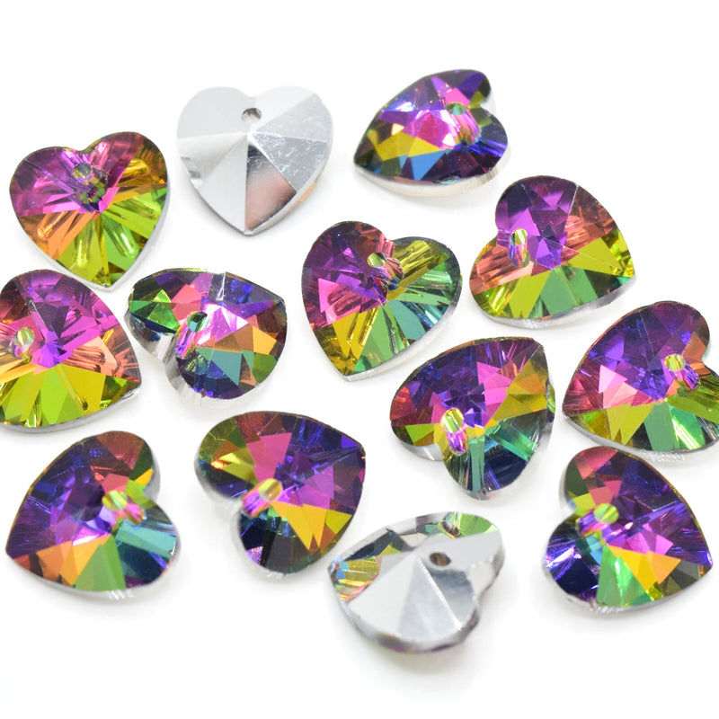 10 x Faceted Glass Heart Pendants Silver Plated 14mm - Metallic Vitrail
