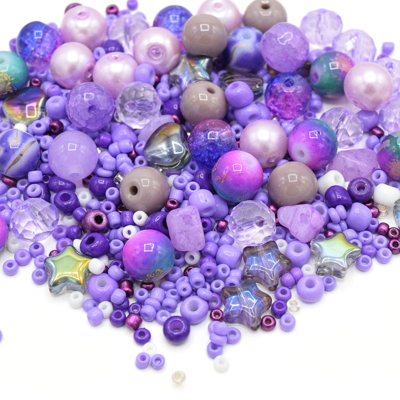 80g x Mixed Shape, Type and Size Glass Beads - Lilac