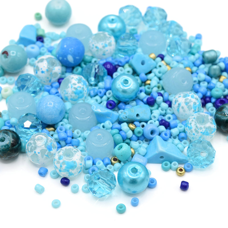 80g x Mixed Shape, Type and Size Glass Beads - Aquamarine
