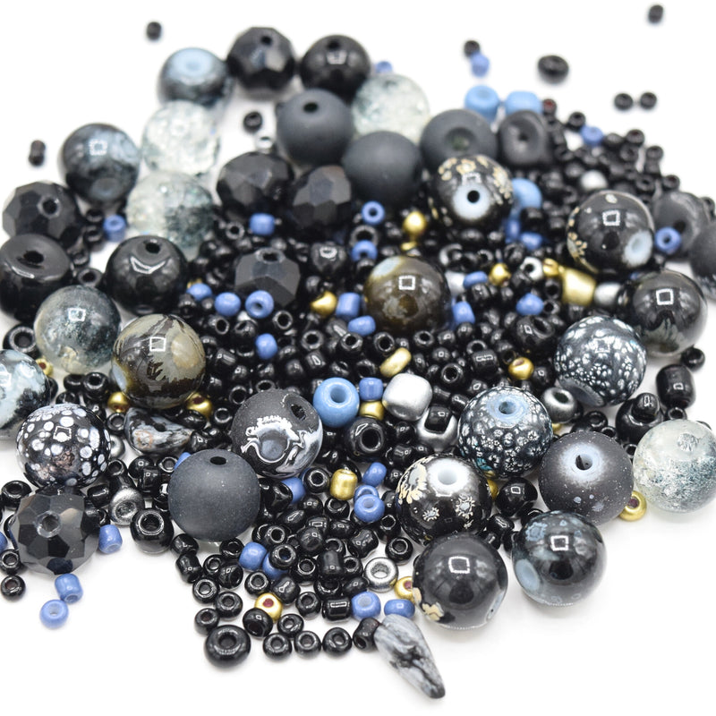 80g x Mixed Shape, Type and Size Glass Beads - Black