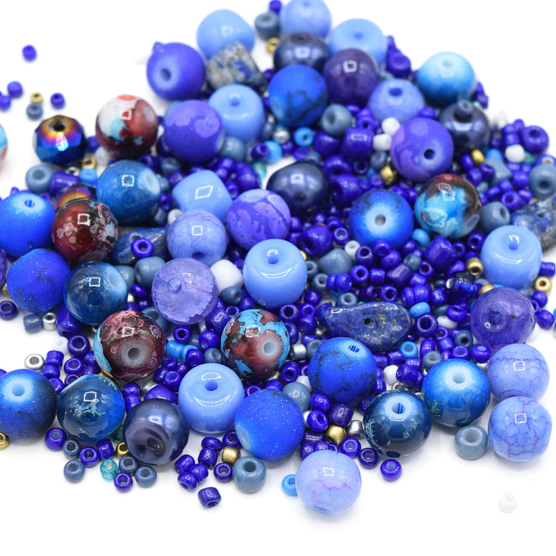80g x Mixed Shape, Type and Size Glass Beads - Blue