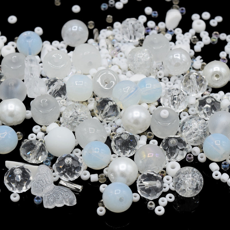 80g x Mixed Shape, Type and Size Glass Beads - Clear