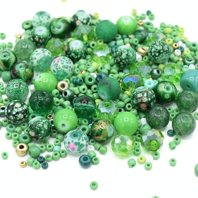 80g x Mixed Shape, Type and Size Glass Beads - Green