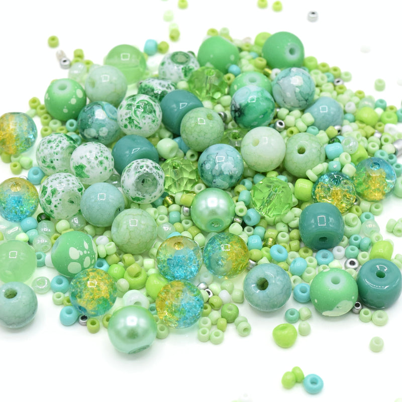 80g x Mixed Shape, Type and Size Glass Beads - Light Green