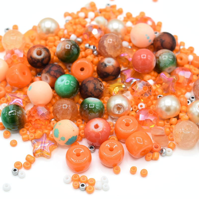 80g x Mixed Shape, Type and Size Glass Beads - Orange