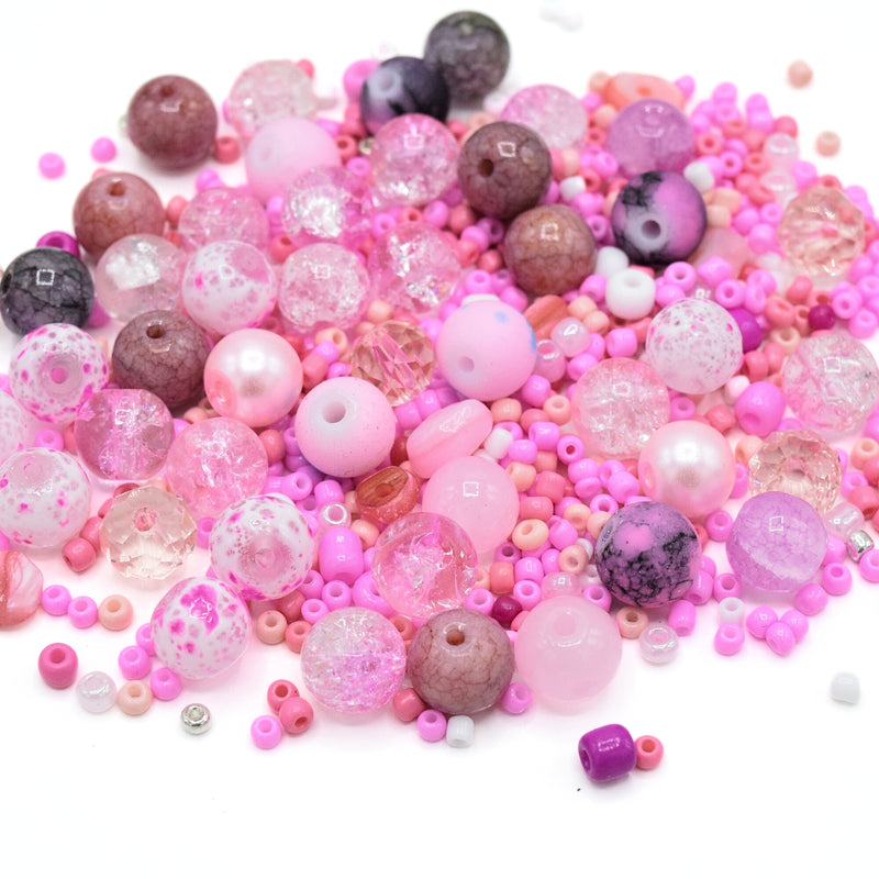 80g x Mixed Shape, Type and Size Glass Beads - Pink