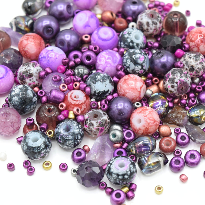 80g x Mixed Shape, Type and Size Glass Beads - Purple