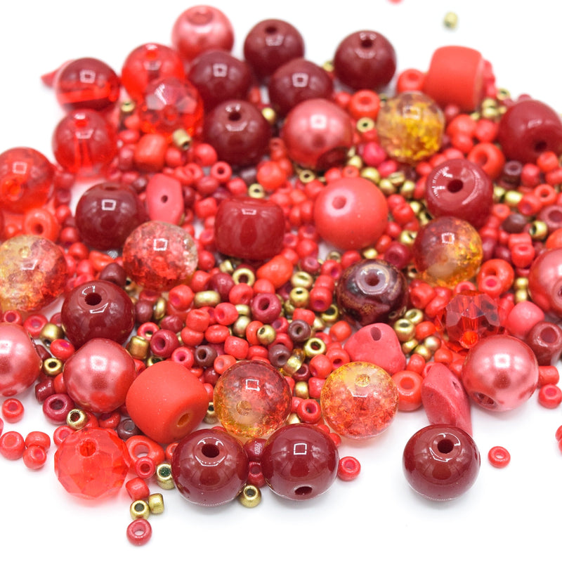 80g x Mixed Shape, Type and Size Glass Beads - Red