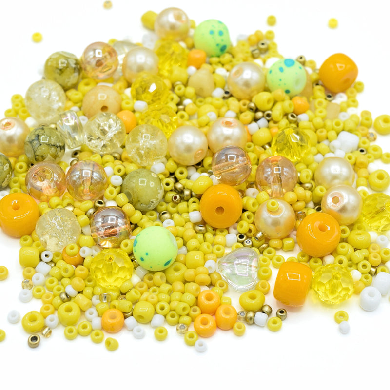 80g x Mixed Shape, Type and Size Glass Beads - Yellow