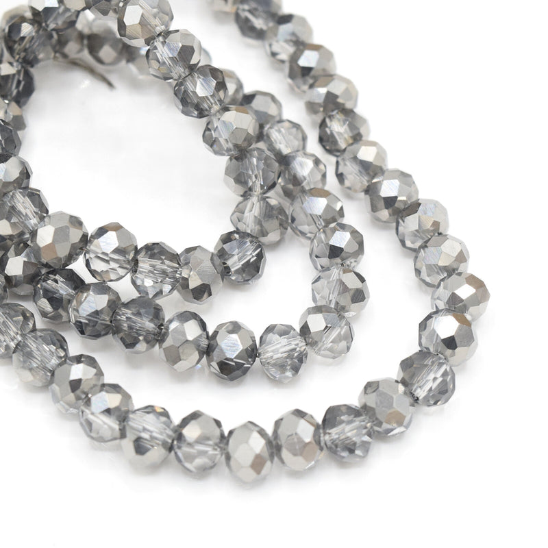 170 X Faceted Rondelle Glass Beads 6mm - Silver / Metallic Silver
