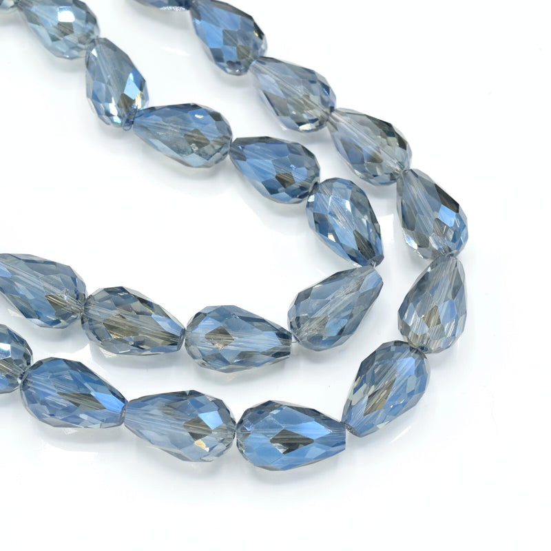 40 x Faceted Teardrop Glass Beads Grey / Blue - 12x18mm