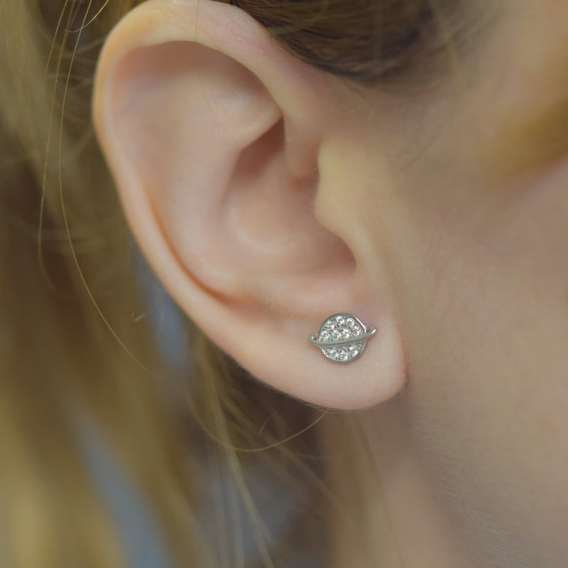 Cute Planet and Star Zirconia Stud Earrings Sterling Silver 18k Gold Plated / Platinum Plated