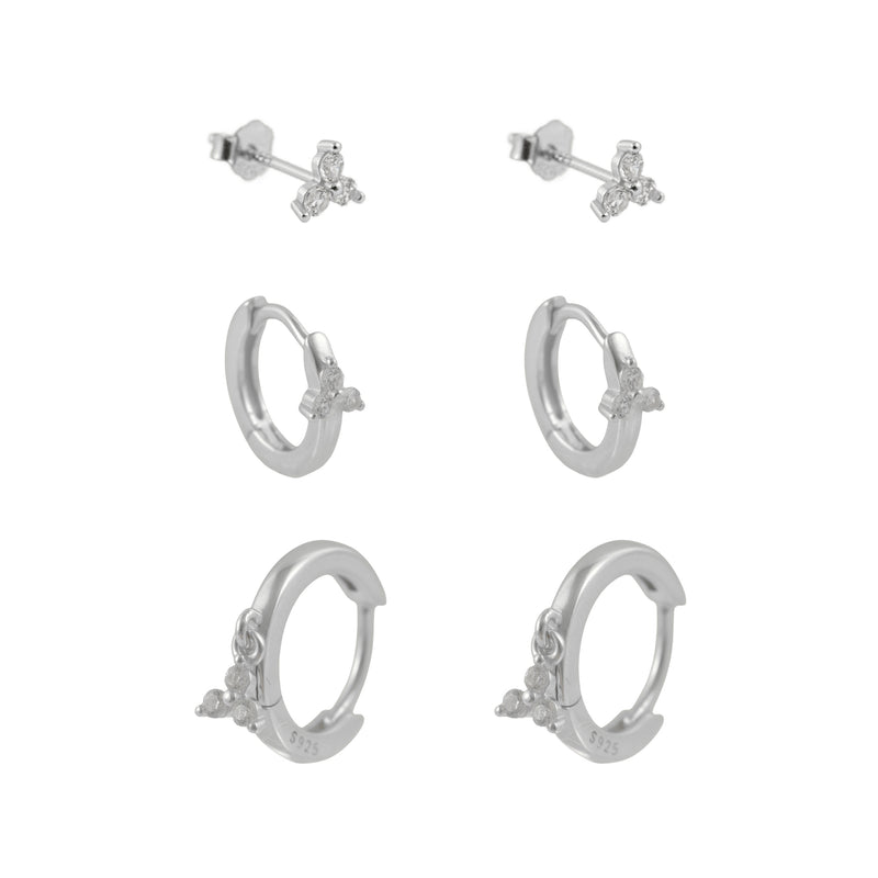3 Pairs Flower Zirconia Hoop & Stud Earrings Set Sterling Silver 18k Gold Plated / Platinum Plated