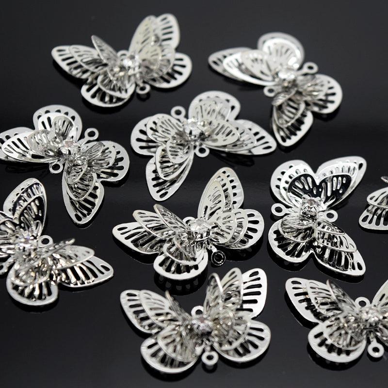 10 x Filigree Butterfly Rhinestone Connectors 23mm - Antique Silver Plated