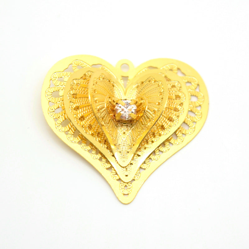 STAR BEADS: 2 x Filigree GP Pendants With Rhinestones - Heart 3D 26x24mm - Jewellery Findings