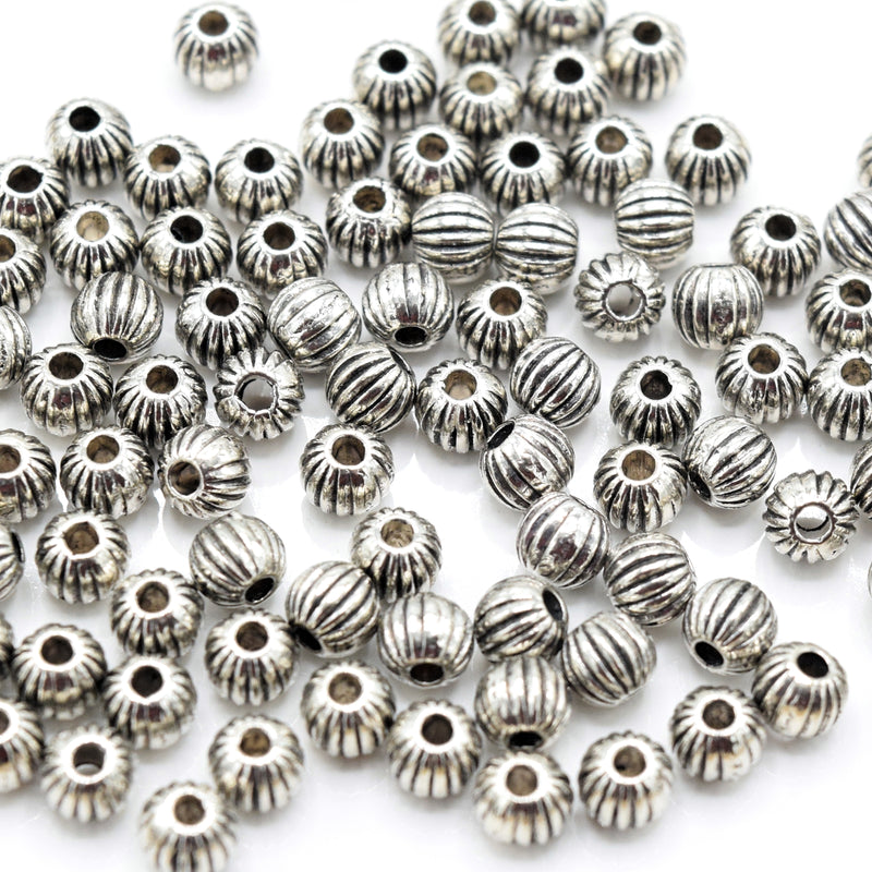 200 x Zinc Alloy Antique Silver Plated Round Ridged Beads 4x3mm