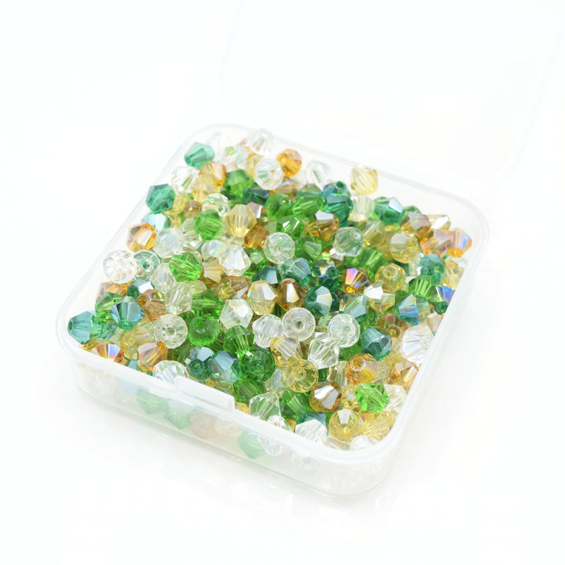 320 x Faceted Bicone Mixed Glass Beads 6x4mm - Green, Emerald, Clear, Topaz