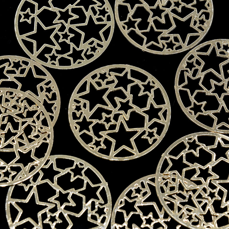10 x Filigree Brass Round Stars Connectors 17.5mm - Gold Plated