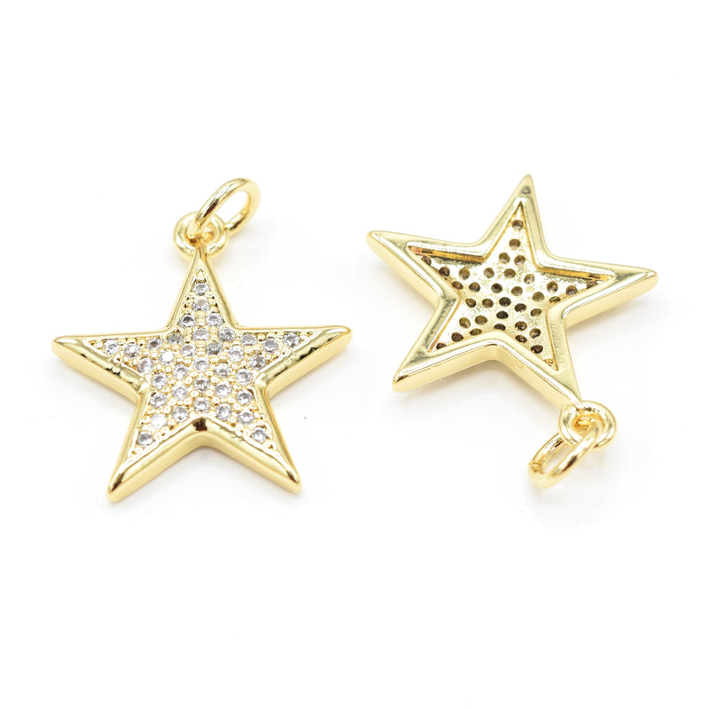 2 x Brass Micro Pave Cubic Zirconia Star Charm 19x17x2.5mm - 18K Gold Plated