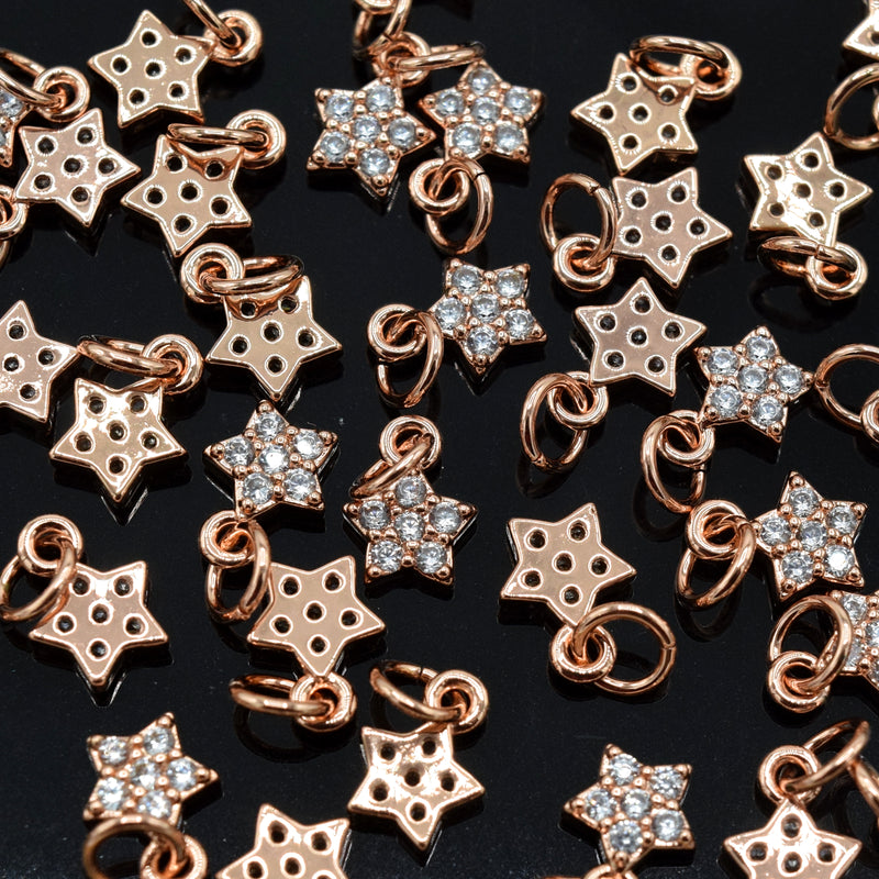 2 x Brass Micro Pave Cubic Zirconia Star Charm 8x5x2mm - 18K Rose Gold Plated