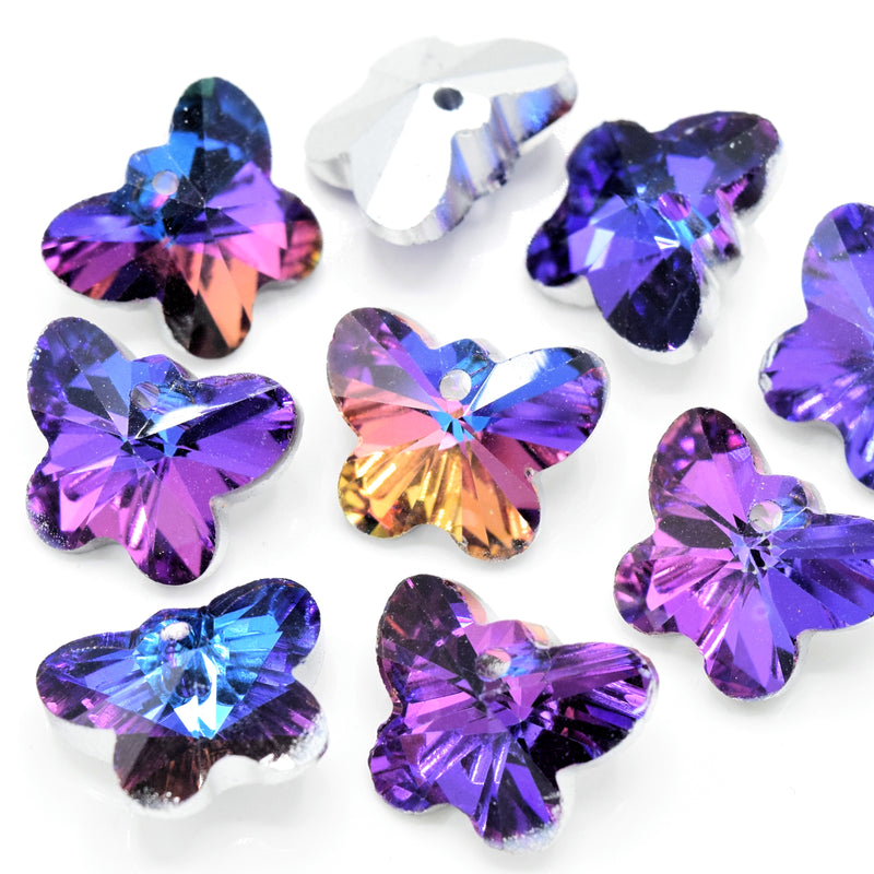 10 x Faceted Glass Butterfly Pendants Silver Plated 14mm - Blue / Purple