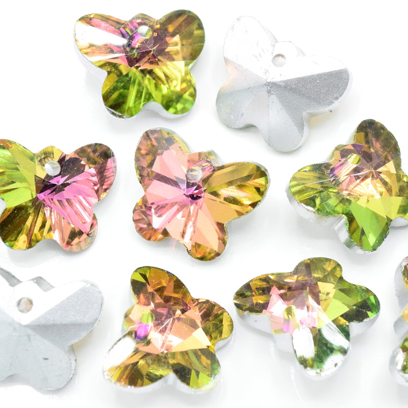 10 x Faceted Glass Butterfly Pendants Silver Plated 14mm - Pink / Green